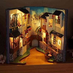 DIY Book Nook Shelf Insert Kits Miniature Dollhouse with Furniture Roombox Bookends Model Building Toys Girls Gifts Home Decor AA220325