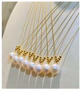 Kedjor Pure Gold Chain for Women Natural Freshwater Pearl 7-8mm Ball med 6st pärlor halsband Stamp AU750 Jewelry Gift 16-18Inchlchains