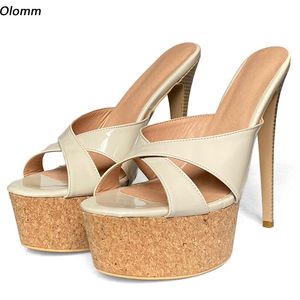 Olomm Handwork Women Platform Mules Sandaler Patent Leather Ultra High Heels Open Toe Pretty Beige Party Shoes Us Plus Size 5-20