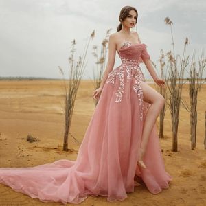 Pink A-Line Appliques Tulle Prom Dress Sweetheart One Shoulder Straps Evening Gowns Sexy High Slit Party