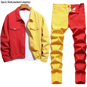 Svartvit tvåfärgade träningsdräkter Slim-Fit Men's 2st Set Spring Autumn Long Sleeve Denim Jacket och Stretch Ripped Holes Zipper Jeans
