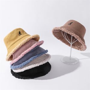 Kangaroo Sign Hat Women's Double-sided Wear Plus Velvet Thick Solid Color Fur Plush Basin Bobs 220318