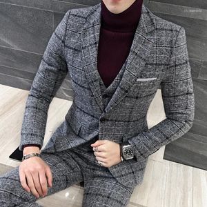 Men's Suits & Blazers 2022 3 Piece Suit Set Men Tuxedos British Winter Thick Slim Fit Plaid Wedding Dress For Business Casual Formal Wear 5X