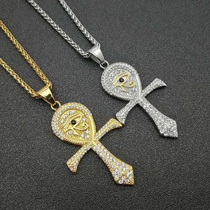 Stainless Steel Ancient Egyptian Eye of Horus New Gold Ankh Necklace Pendants Jewellery Religious Cross Agypt Charm Necklace Jewel With CZ Stone