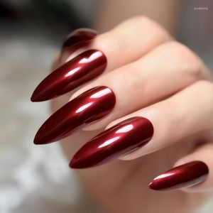 False Nails 24Pcs Good Quality Acrylic Nail Wine Red Extra Long Shiny Easy Apply Sharp Stiletto Artificial For Party Z932 Prud22