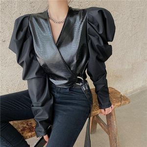 Wholesale pu tops for sale - Group buy Vintage Puff Sleeve V neck Stitching PU Leather Top Female Designer Autumn High Waist Lace up Shirt Women Short Jacket MY2216 Women s Blouse