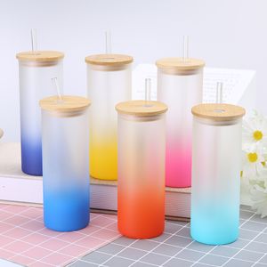 16oz sublimation blanks gradient color frosted glass water bottle TUMBLER With bamboo Lid and plastic Straw