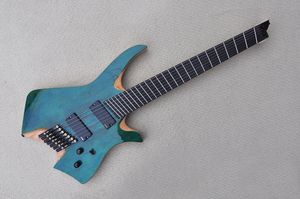 Factory Custom strings Headless Electric Guitar with Green faned Ash Body Rbony Fretboard Black Hardwares No fret Inlay Can be Customized