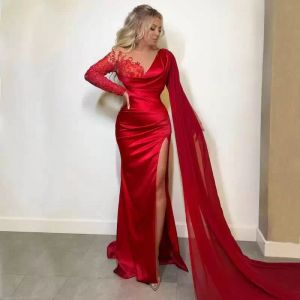 Gorgeous Red Elegant Plus Size Mermaid Prom Dresses Sheer Jewel Neck Long Sleeves Pleats Beaded For Women Satin Long Formal Evening Party Gowns Custom Made