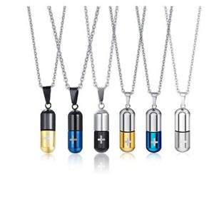 Hollow Pill Necklace for Men Women Cross Engraved Cremation Urn Pendant Perfume Holder Ashes Vial Keepsake Memorial Jewelry GC1381