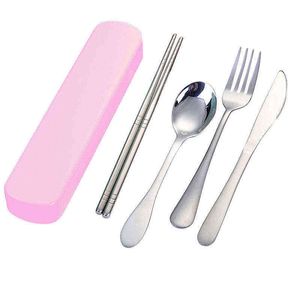 New 4 Pcs Portable Chopsticks Fork Spoon Knife Travel Cutlery Set Eating Tool Product Selling Household Standby -45 Y220530