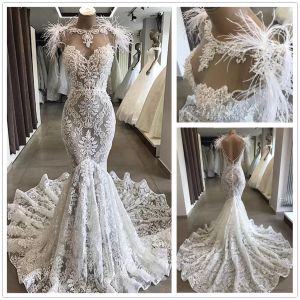 Mermaid Gorgeous Lace Wedding Dresses Bridal Gown with Feather Pearls Beaded Sweep Train Custom Made Plus Size Sexy Backless Vestidos De Novia