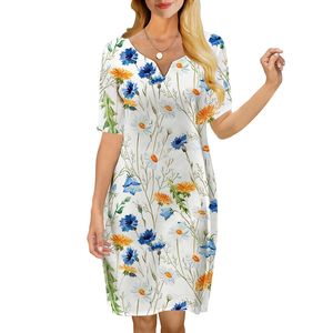 Kadınlar Vintage Floral 3D baskılı vneck gevşek gündelik kısa kollu vardiya elbise Kadın elbiseler için zarif stil 220616