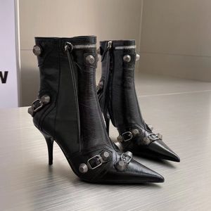 New White sheepskin pointed high-heeled boots Metal buckle decoration women's shoes motorcycle tassel Leather Zip shoes luxury designer fashion naked boot