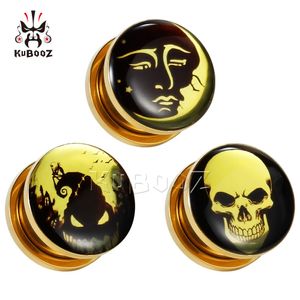 KUBOOZ Stainless Steel Golden Sun Moon Skull Jack Ear Plugs Tunnels Earring Gauges Body Jewelry Stretchers Piercing Expanders Wholesale 6mm to 25mm 60PCS
