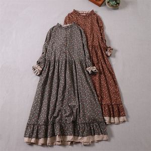 Japanese Mori Girl Art Print Dress Pretty Cotton Linen Spring Women Floral Loose Long sleeved Midi 220521