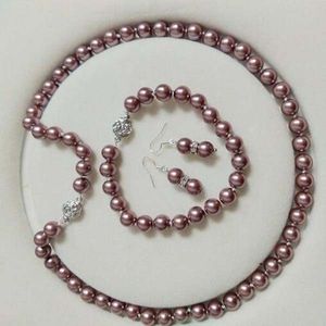 8mm AAA Dark Purple Shell Pearl necklace Bracelet Earring Set