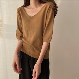 HziriP Solid Chic Femme Short Sleeves V-Neck Streetwear Girls Tops Casual Summer Loose All Match Basic Stylish T-shirt 220328
