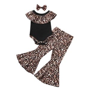 Kleidungssets 3-teiliges Sommer-Outfit mit Leopardenmuster für Babys, Farbblock, U-Boot-Ausschnitt, Bodysuit, ausgestellte Hosen, Schleife und Stirnband