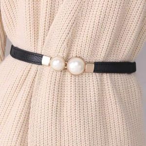 Belts Women Double Pearl Belt Female Black Red White PU Leather Dress Skirt Waist Elastic Thin Ladies Designer Waistband ND235Belts Forb22