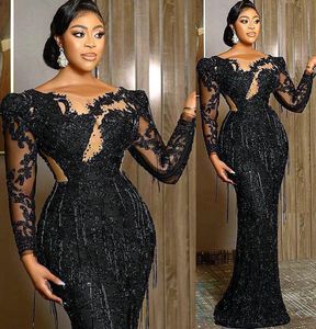 ASO EBI 2022 Arabisk plusstorlek Svart Lyxig Sheath Prom Klänningar Lace Beaded Sheer Neck Evening Formell Party Andra receptionen klänningar klänning