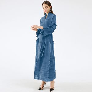 Miyake Pleated Long Petal Sleeve Dress Lackel Cardigan Sashes 플러스 크기 높은 긴 녹색 드레스 겨울 여성 미학 의류 210303