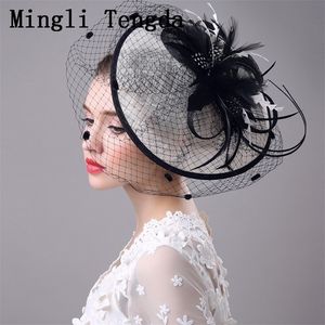 Mingli Tengda exagerou Big Disc Hemp Hat Hat Black Wedding Cheeddress Hat Wedding Wedding Flower and Feather Wedding Hat noiva T200620