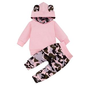 Clothing Sets Baby Girls Ears Hooded Clothes Set Infant Winter Cotton Camouflage Pullover Tops+Pants Toddler Sweatshirts 0-24M