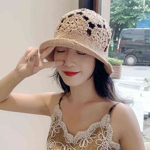 Summer Hollow Crochet Fisherman Hat Female Version Sunscreen UV Sunscreen Hat Breattable Sticke Crochet Hat Y220708
