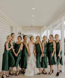 Dark Green Bridesmaid Dresses Satin Spaghetti Straps Back Slit Ruffles Pleats Tea Length Mermaid Plus Size Maid Of Honor Gown Country Wedding Party 403 403