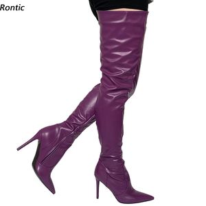 Rontic Women Winter Thigh Boots Faux Leather Full Side Zipper Stiletto Heels Pointed Toe Pretty Purple Party Shoes US Size 5-15