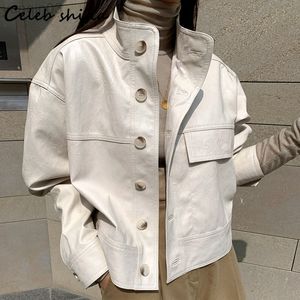 Beige Pu Leather Jacka Woman Autumn Winter Streetwear Single Breasted Leather Coat Female Korean Chic Corp Jacket Stand Neck L220801