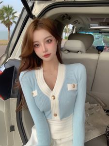 New design women's sexy v-neck color block long sleeve knitted high waist short sweater shirt knits tees