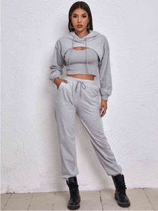 Women Athflow Style Hoodie بثلاث قطع بدلة صلبة محصول عاري الأوسط من النوع الثقيل السترة وملابس البانت المحددة للرياضة T220729