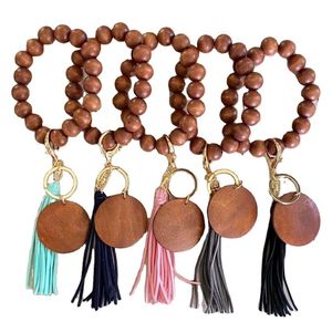 Wooden Beaded Keychain DIY Wrist Bracelet Keychain Pendant Tassel Keychains Creative Gift Keyring