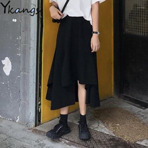 Skirts 2022 Summer Women Black Irregular Midi Skirt Female Vintage Gothic Asymmetrical Long Pleated Girls Party Club Streetwear