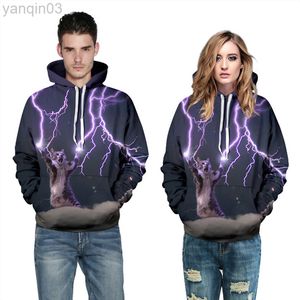 3D -tryckta hoodies Men Sweatshirts New Lightning Thunder Cat Couples Hoodies Tröjor KLÄDER Male Tracksuits 25 L220801