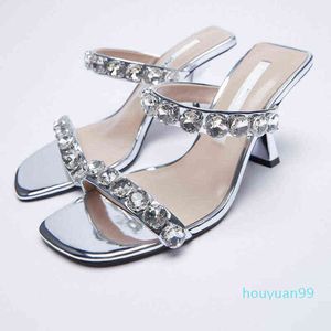 Горячие Sale-Sandals Женщины Sparkly Reblads Высокие каблуки Серебряные Алмазные Украшенные Насосы Дама Элегантные Тапочки Свободные Одиночные Туфли 220303