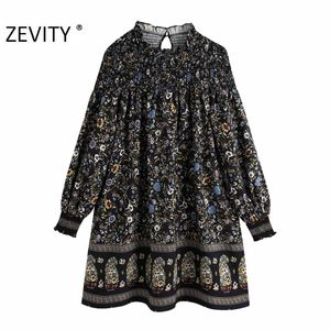 Zevity Women Vintage Totem Flower Print Court Mini Dress Femme長袖着物VestidoシックカジュアルエラスティックドレスDS4480 210303