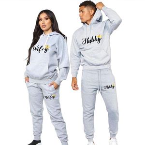 Männer Trainingsanzüge Paar Sportwear Set Hubby Wifey Print Liebhaber Kleidung Fleece Anzug Männer Hoodie Und Hosen 2 Stück Hoodies frauen Tracksu