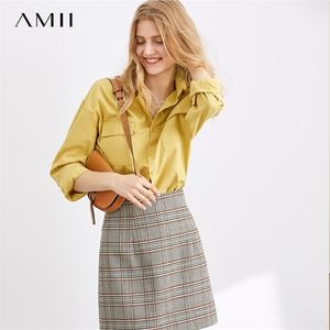 amii 스프링 캐주얼 남자 친구 스타일 셔츠 느슨한 슬림 셔츠 단색 싱글 브레스트 블라우스 여자 1196 210308