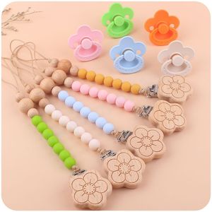 Baby Nursing Teether Cartoon Flower Silicone Pacifier Holders 2PCS/Set Nature Wooden Pacifier Clip Chain Bead Teething Toy for Newbron Gifts
