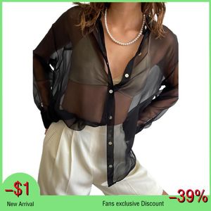 Women's Blouses & Shirts Transparent Shirt For Women Spring Autumn Clothes 2022 Lapel Collar Long Sleeve Button-Down See-Through Loose Ladie