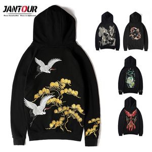 Män hiphop streetwear hoodie harajuku crane broderi kran tröja höst vinter pullover hoodies japan stil stor storlek 4xl 201126