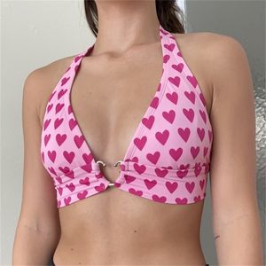 Rapwriter Y2K Rosa Söt Hjärta Skriv ut Bustier Crop Top Kvinnor Sommar Estetisk Kawaii Ärmlös Baklösa Slips Upp Halter Camis 220318