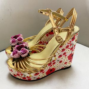 2022 Lady Sheepskin Leather Sexy Ladies Wedge 15CM High Heel Sandals Shoes Buckle Open Toe Peep-toe Europe and America the Catwalk 3D Flower Wedding Party Size