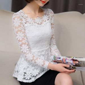 Summer Blusas Peplum Top 2022 Black White Lace Blouse Women Social Long Sleeve Shirt Female Vintage Ruffle Chemise Femme Women's Blouses & S