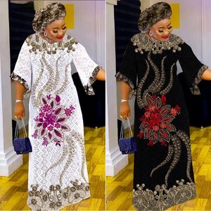 Etniska kläder Vita afrikanska klänningar för kvinnor 2022 Summer Long Maxi Dress Clothes Dashiki Hollow Out Robe Africaine Femme med halsduk