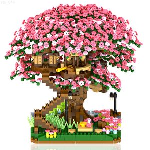 Block 2138 st Super Svår utmaning Montera Sakura Tree House Building Block Set Mini Blocks Bricks Model Toy for Kids Kit Presents T230103