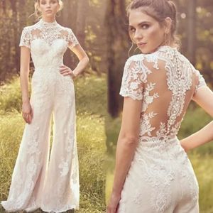 Macacões de Luxo Gola Alta Vestido de Noiva Manga Curta Ilusão Apliques de Renda Botão Alta Qualidade Vestido de Noiva Vestidos De Soiree BES121